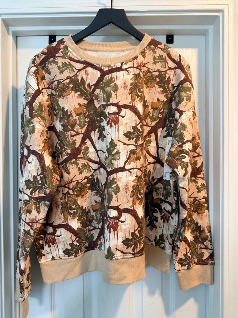 Original Use Tan Crewneck Sweatshirt with Green & Brown Leaf Print